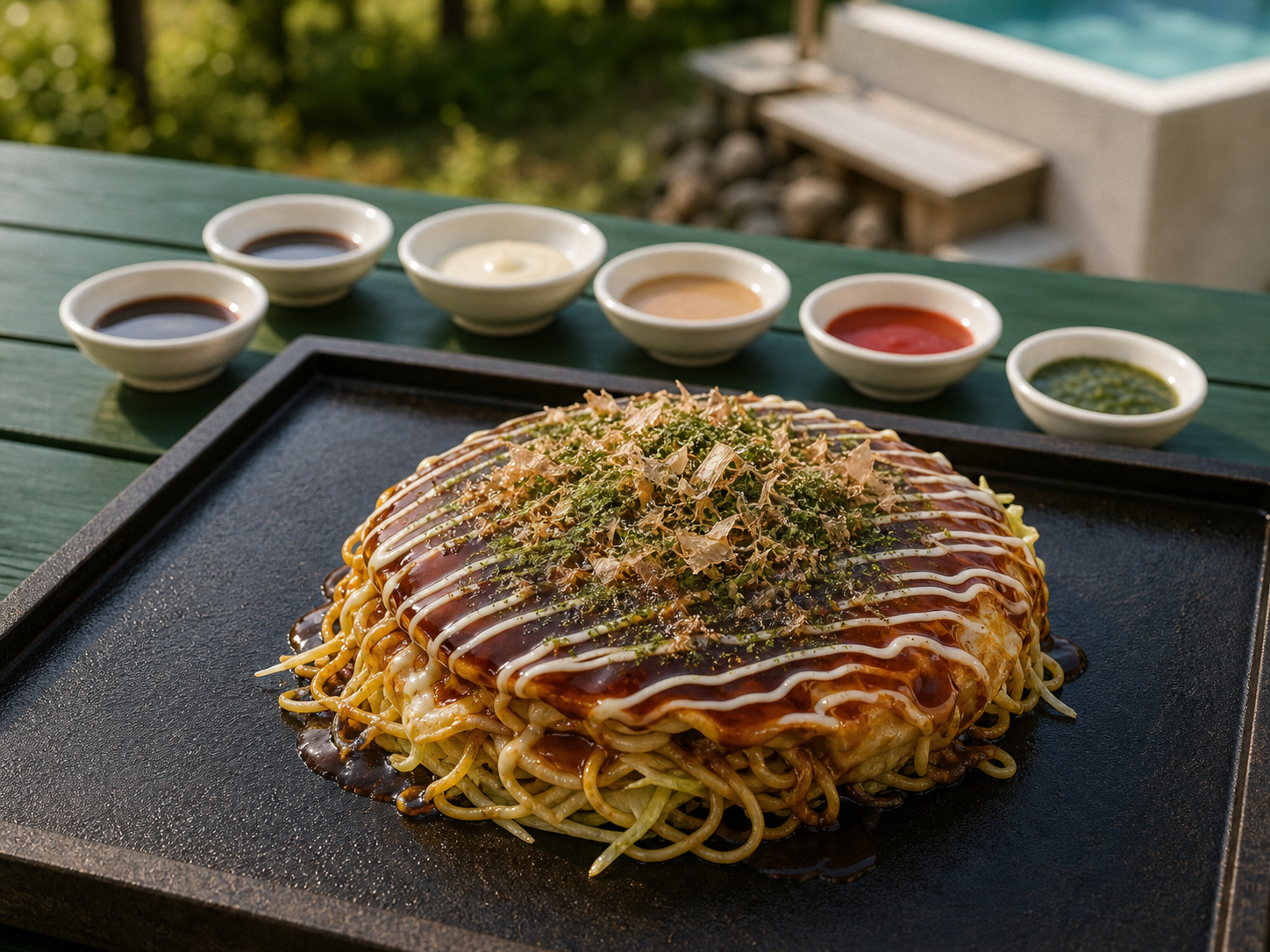 鉄板で焼き上げた広島風お好み焼きのイメージ